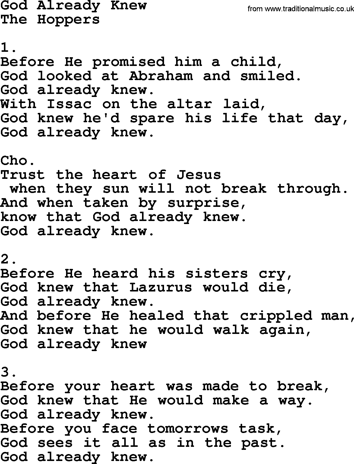 Apostolic & Pentecostal Hymns and Songs, Hymn: God Already Knew lyrics and PDF