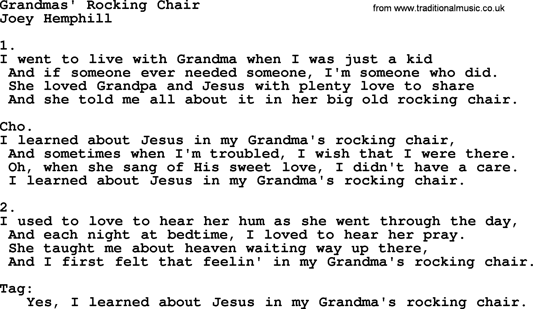 Apostolic & Pentecostal Hymns and Songs, Hymn: Grandmas' Rocking Chair lyrics and PDF