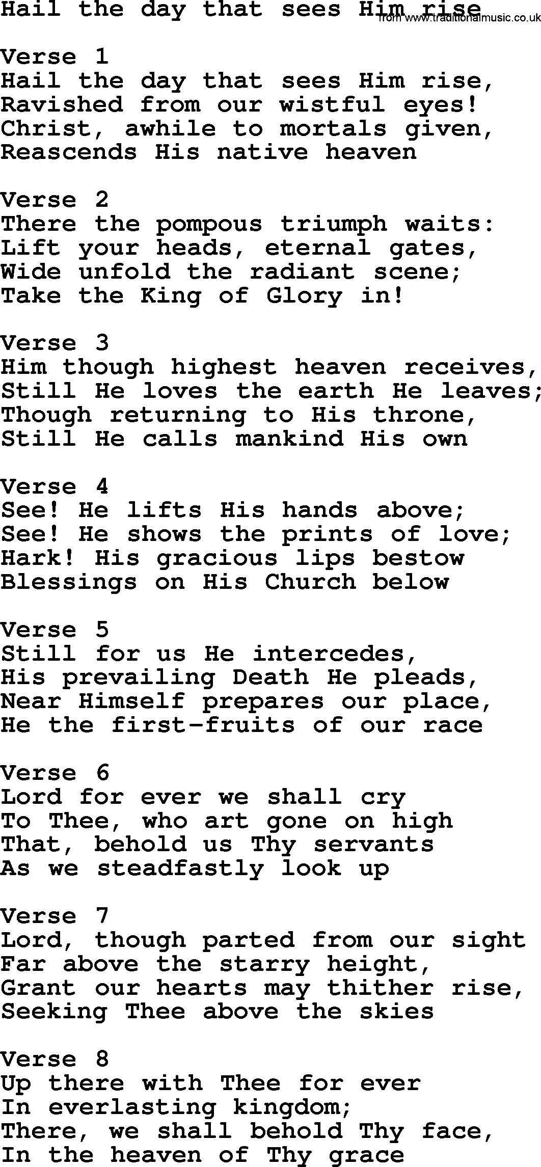 Apostolic and Pentecostal Hymns and Gospel Songs, Hymn: Hail The Day That Sees Him Rise, Christian lyrics and PDF