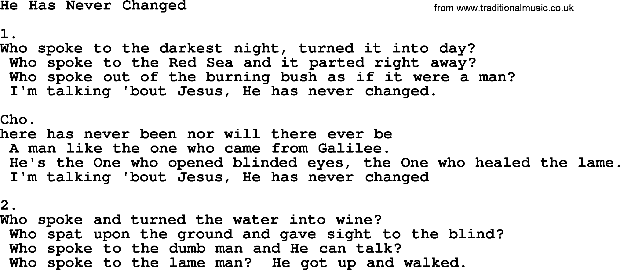 Apostolic & Pentecostal Hymns and Songs, Hymn: He Has Never Changed lyrics and PDF