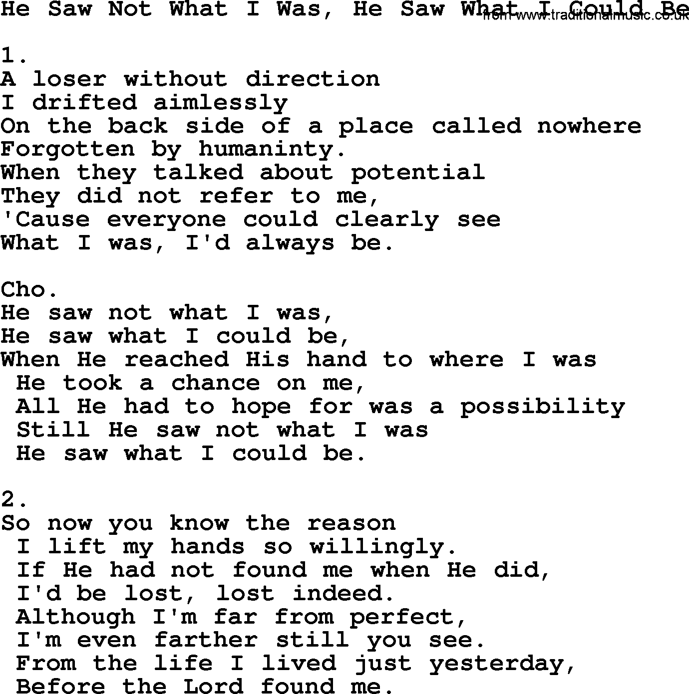 Apostolic & Pentecostal Hymns and Songs, Hymn: He Saw Not What I Was, He Saw What I Could Be lyrics and PDF