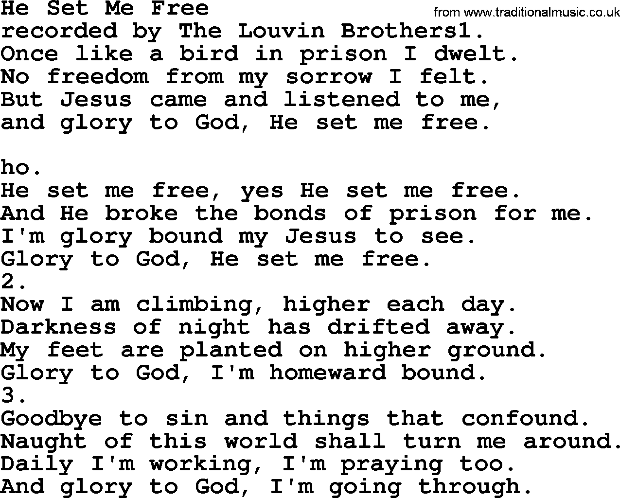 Apostolic & Pentecostal Hymns and Songs, Hymn: He Set Me Free lyrics and PDF