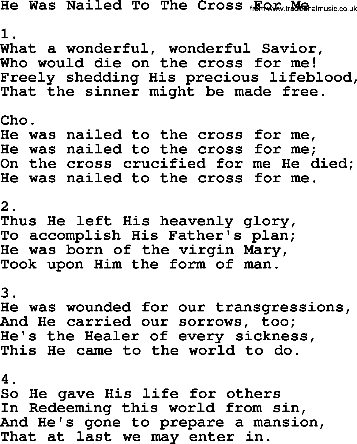 Apostolic & Pentecostal Hymns and Songs, Hymn: He Was Nailed To The Cross For Me lyrics and PDF