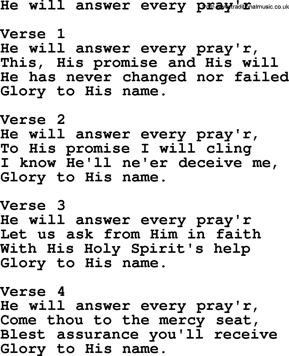 Apostolic and Pentecostal Hymns and Gospel Songs, Hymn: He Will Answer Every Pray'r, Christian lyrics and PDF