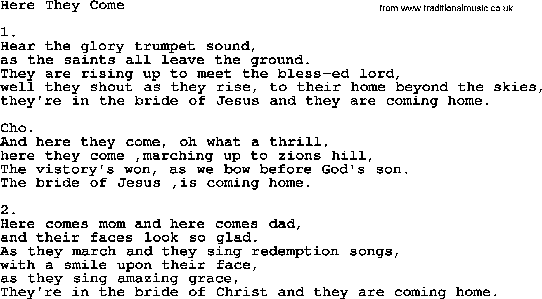 Apostolic & Pentecostal Hymns and Songs, Hymn: Here They Come lyrics and PDF