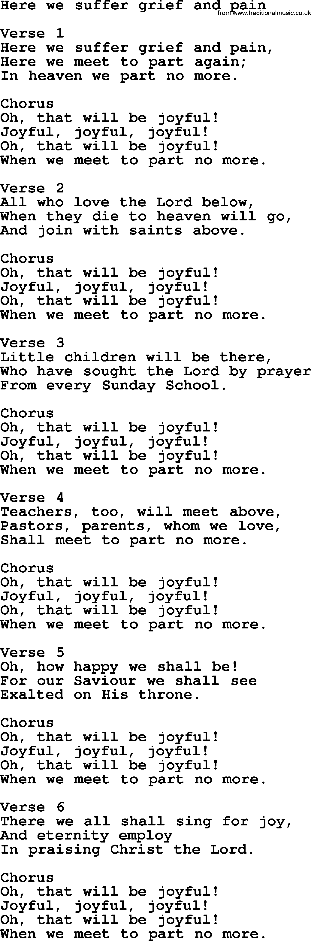 Apostolic and Pentecostal Hymns and Gospel Songs, Hymn: Here We Suffer Grief And Pain, Christian lyrics and PDF
