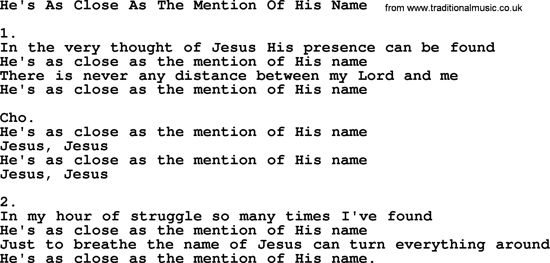 Apostolic & Pentecostal Hymns and Songs, Hymn: He's As Close As The Mention Of His Name lyrics and PDF