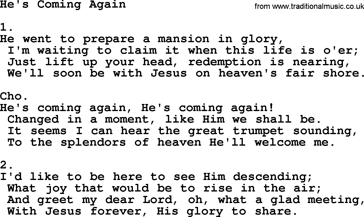 Apostolic & Pentecostal Hymns and Songs, Hymn: He's Coming Again lyrics and PDF