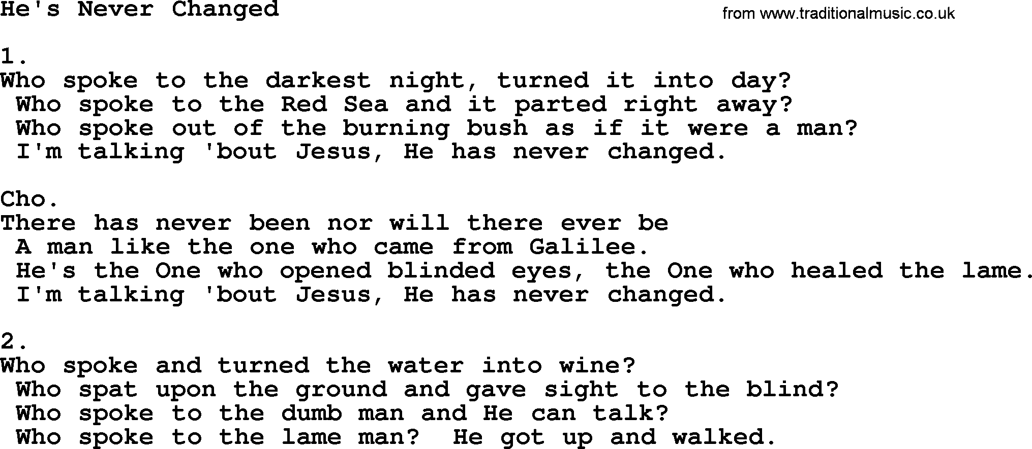 Apostolic & Pentecostal Hymns and Songs, Hymn: He's Never Changed lyrics and PDF