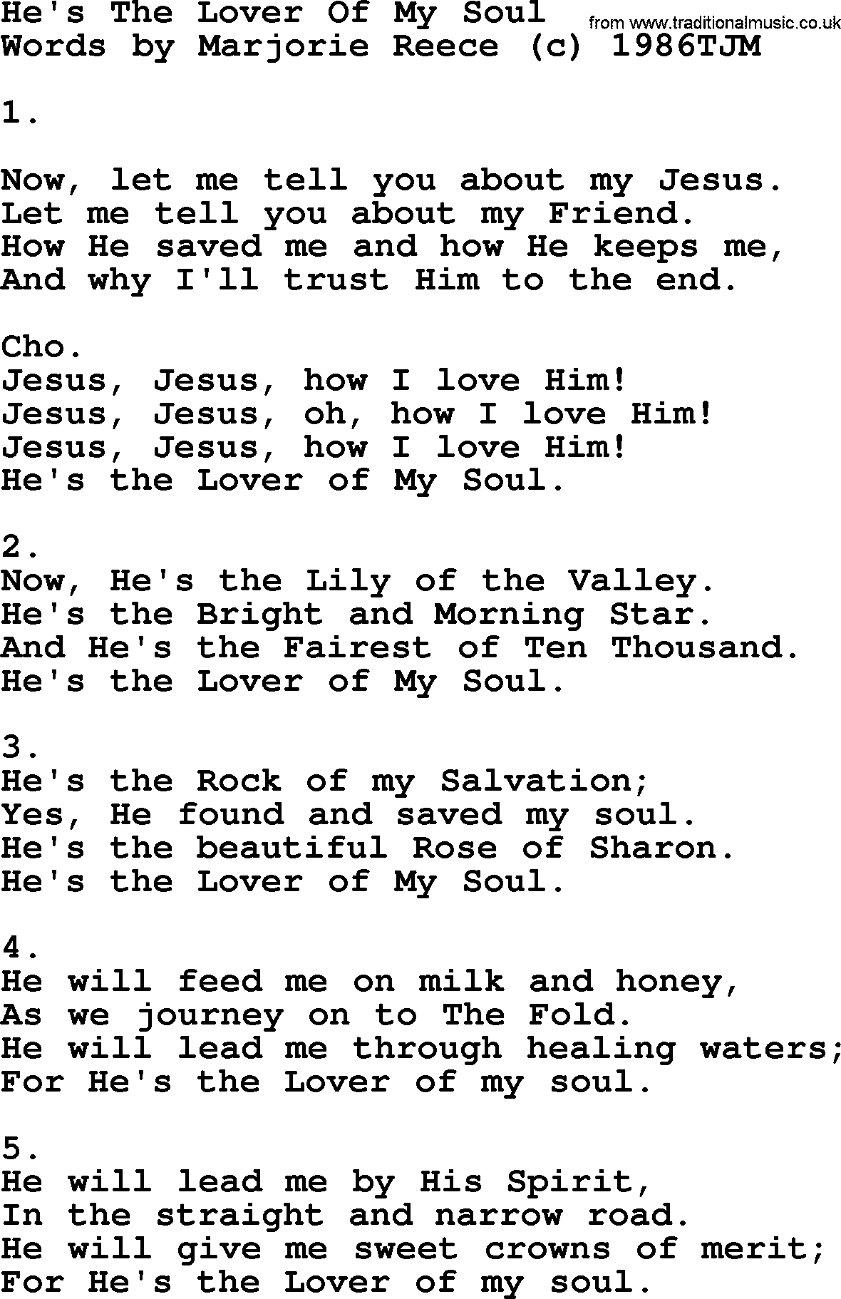 Apostolic & Pentecostal Hymns and Songs, Hymn: He's The Lover Of My Soul lyrics and PDF