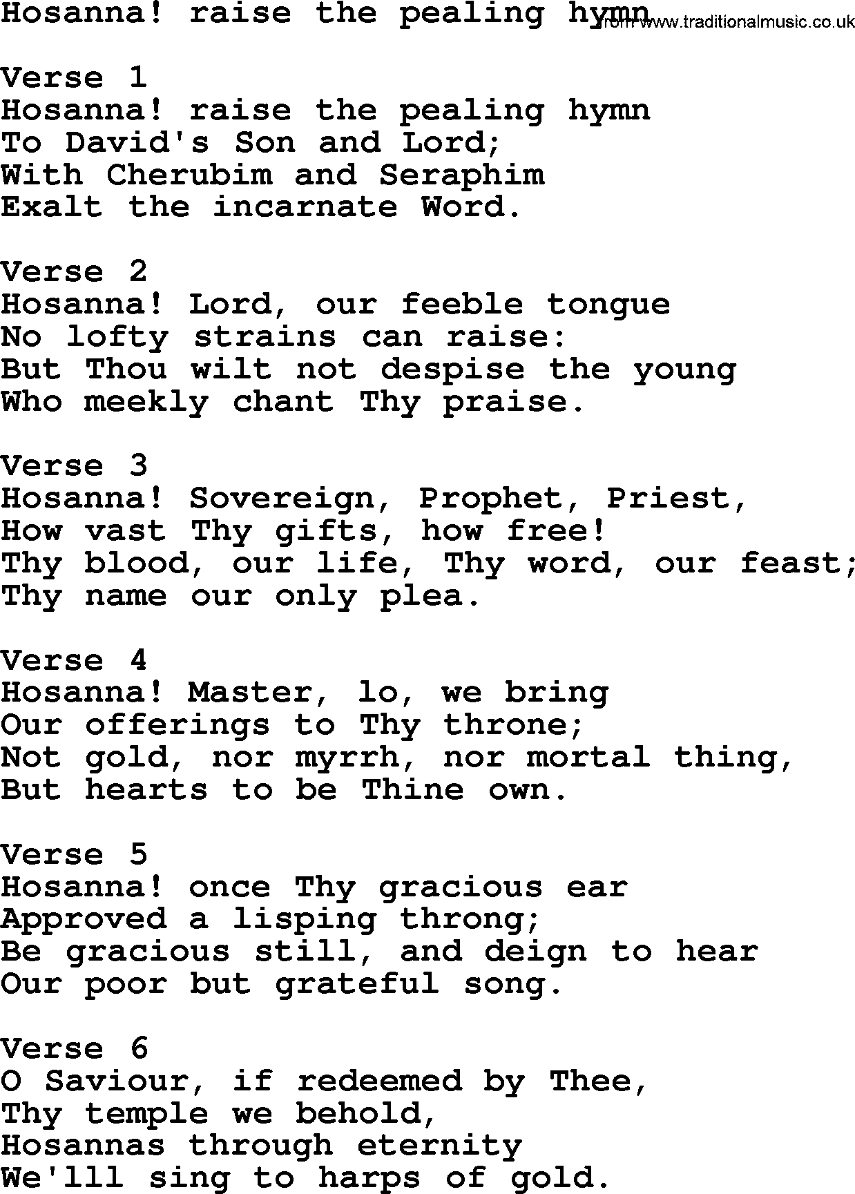 Apostolic and Pentecostal Hymns and Gospel Songs, Hymn: Hosanna! Raise The Pealing Hymn, Christian lyrics and PDF