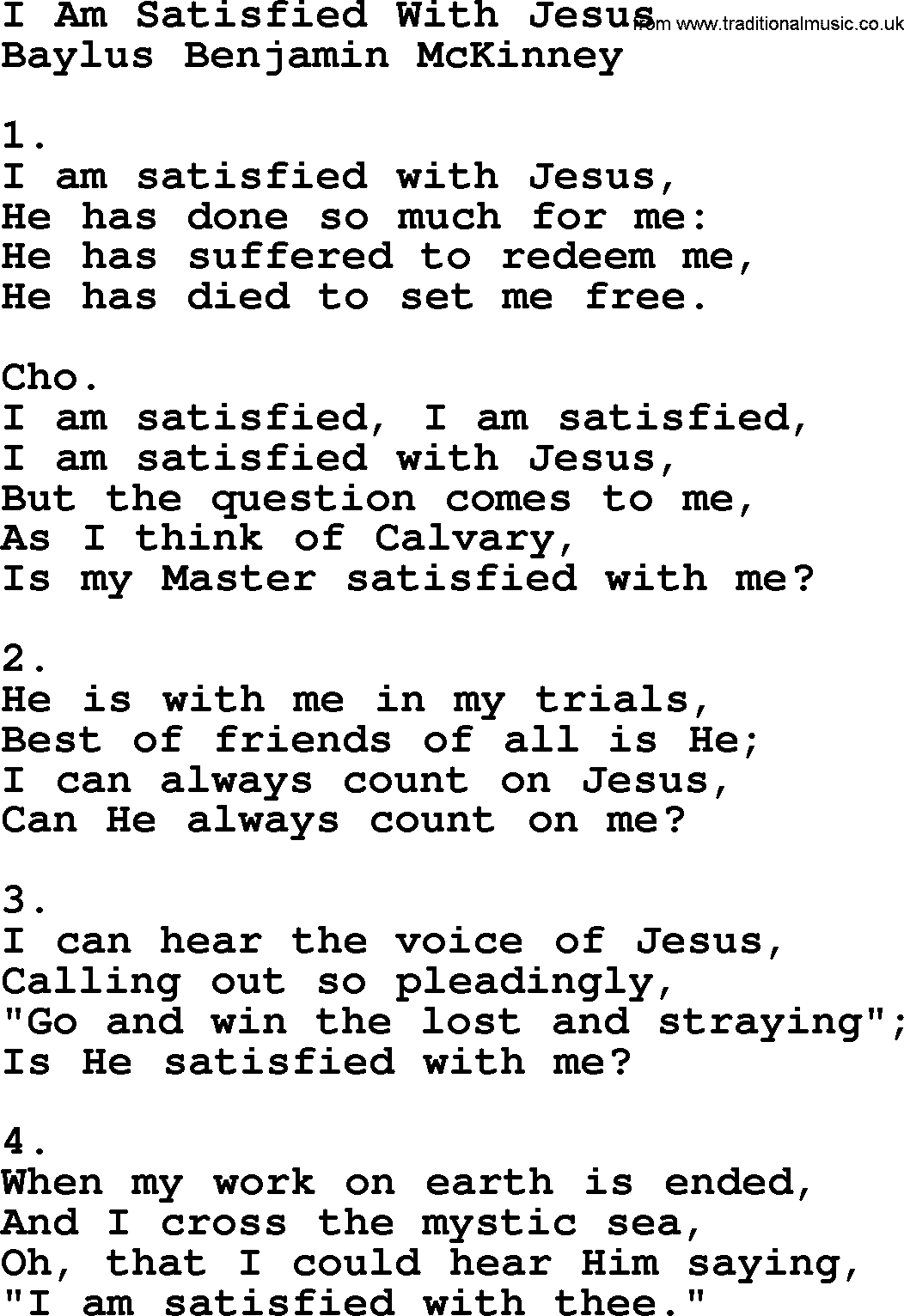 Apostolic & Pentecostal Hymns and Songs, Hymn: I Am Satisfied With Jesus lyrics and PDF