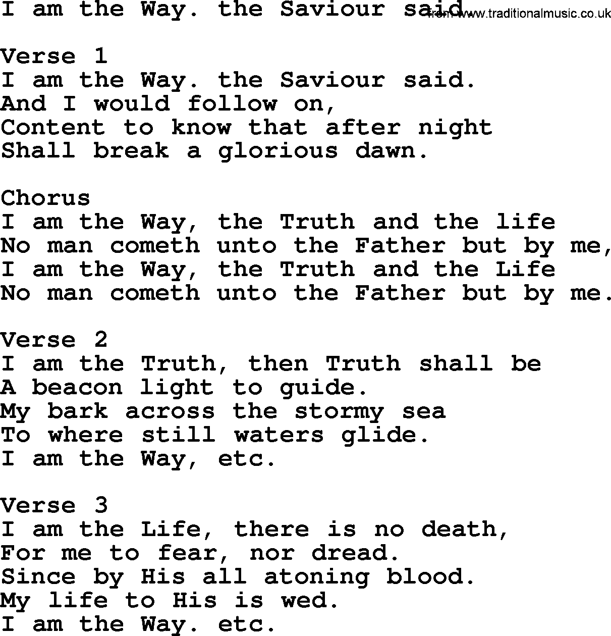 Apostolic and Pentecostal Hymns and Gospel Songs, Hymn: I Am The Way. The Saviour Said., Christian lyrics and PDF