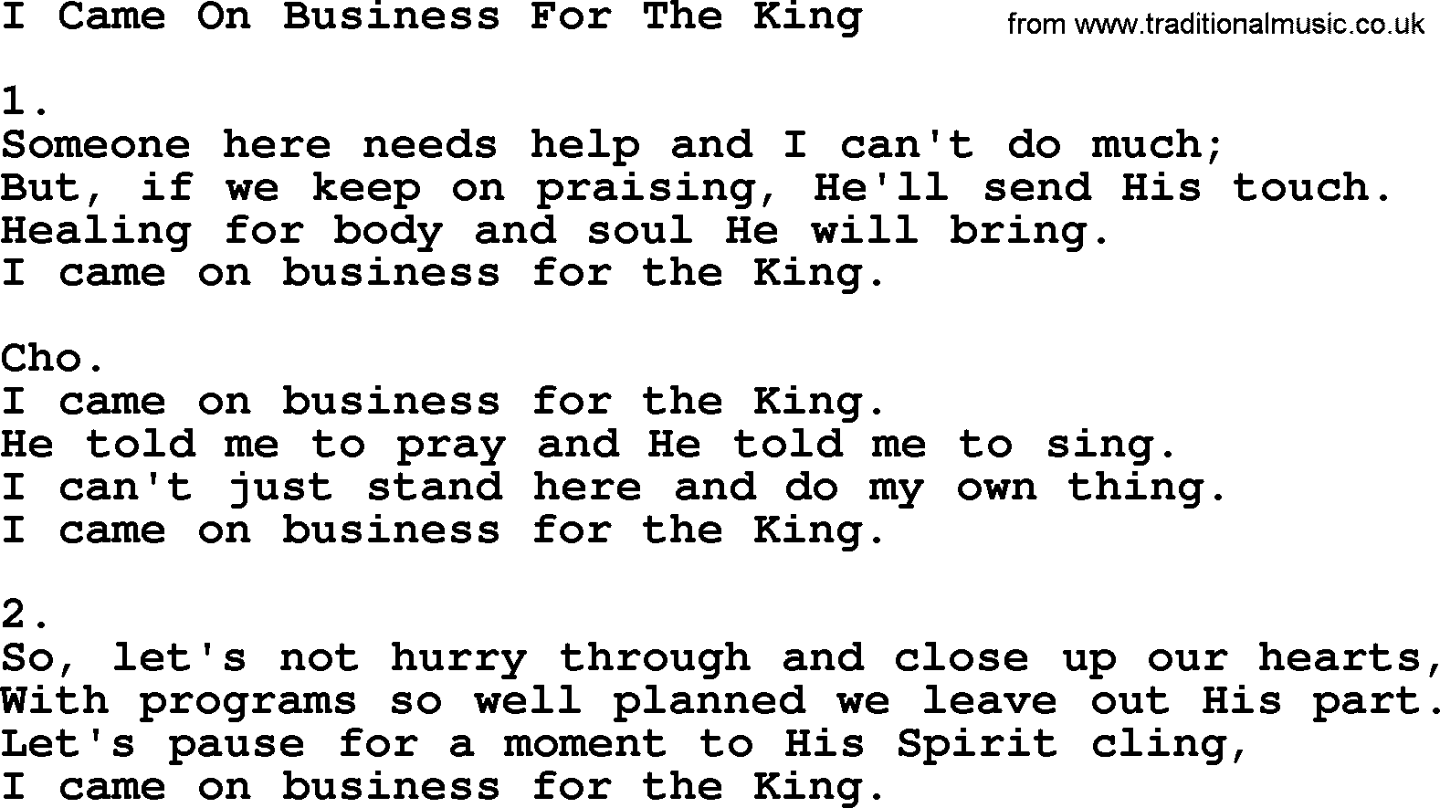 Apostolic & Pentecostal Hymns and Songs, Hymn: I Came On Business For The King lyrics and PDF