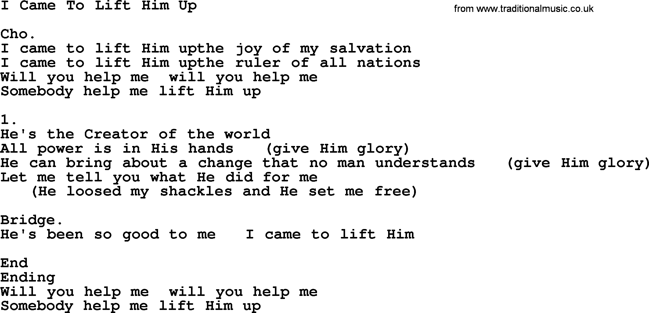 Apostolic & Pentecostal Hymns and Songs, Hymn: I Came To Lift Him Up lyrics and PDF