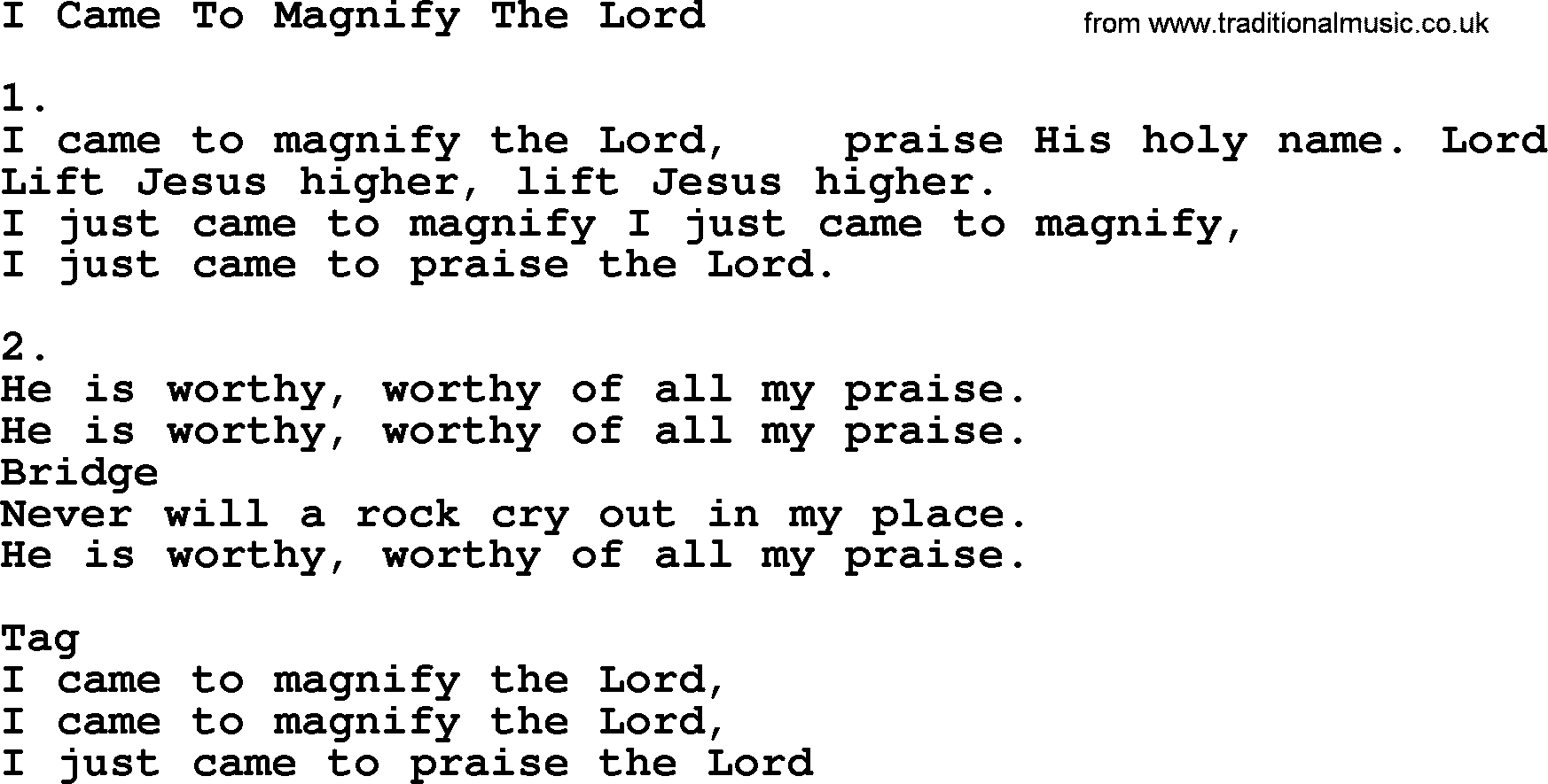 Apostolic & Pentecostal Hymns and Songs, Hymn: I Came To Magnify The Lord lyrics and PDF
