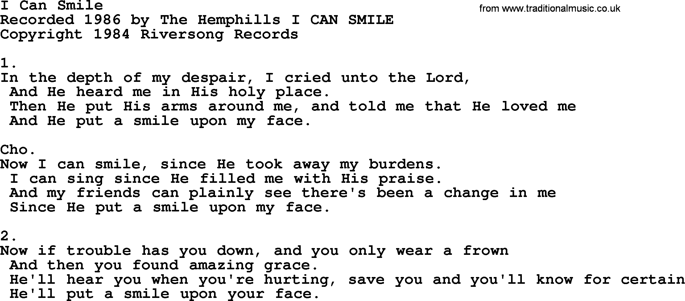 Apostolic & Pentecostal Hymns and Songs, Hymn: I Can Smile lyrics and PDF