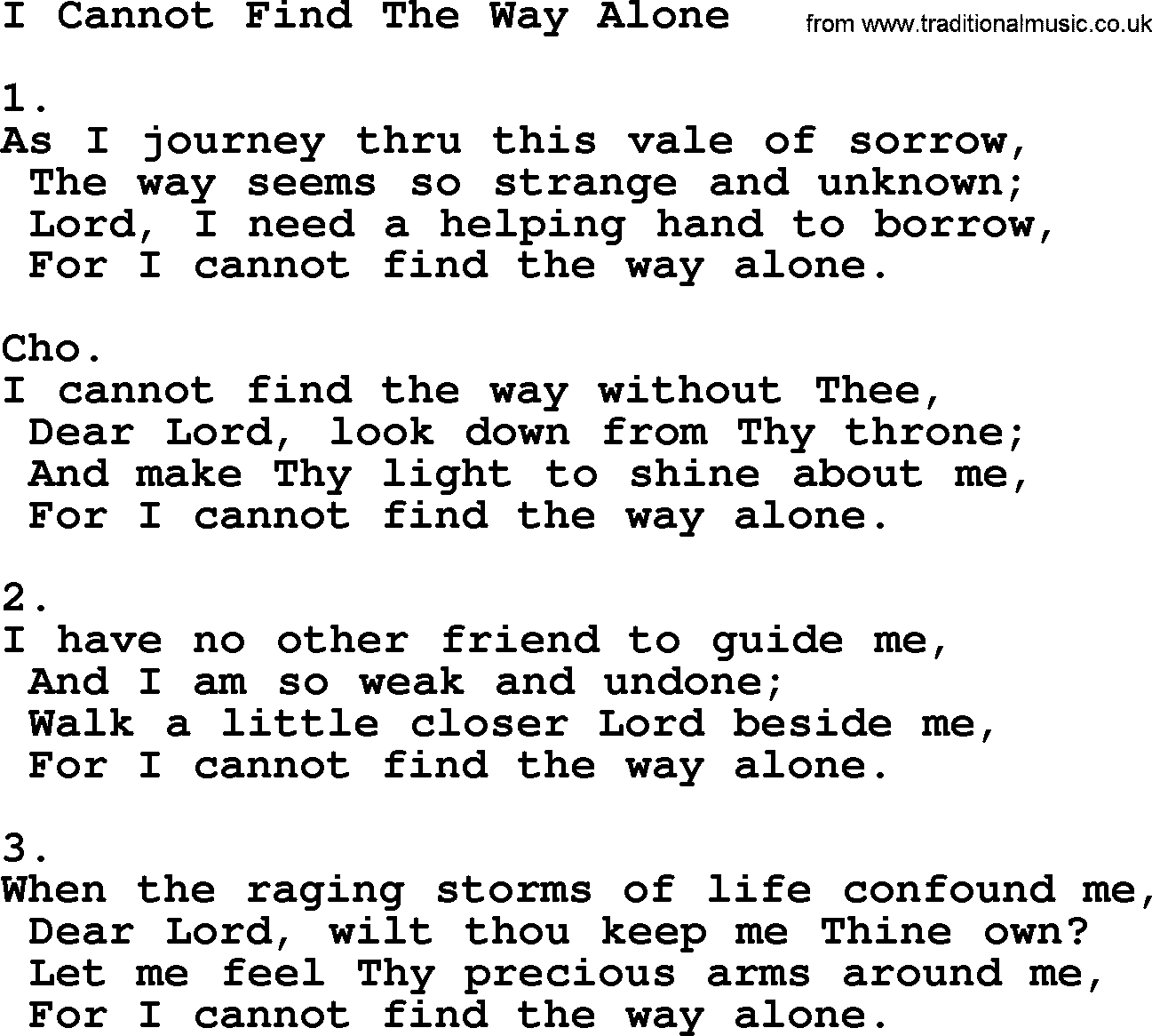 Apostolic & Pentecostal Hymns and Songs, Hymn: I Cannot Find The Way Alone lyrics and PDF