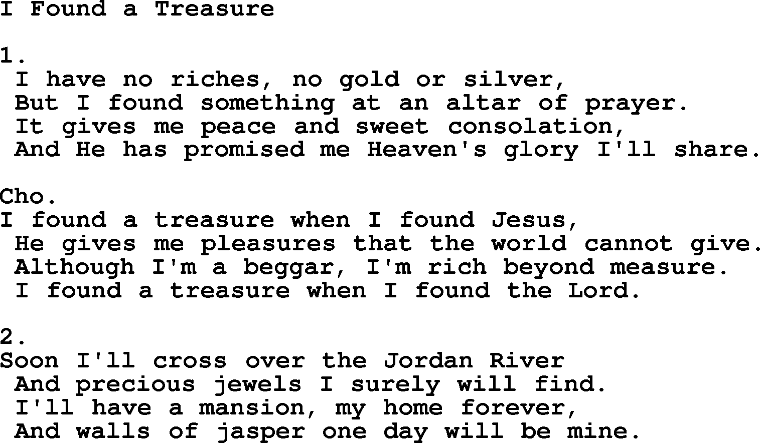 Apostolic & Pentecostal Hymns and Songs, Hymn: I Found a Treasure lyrics and PDF