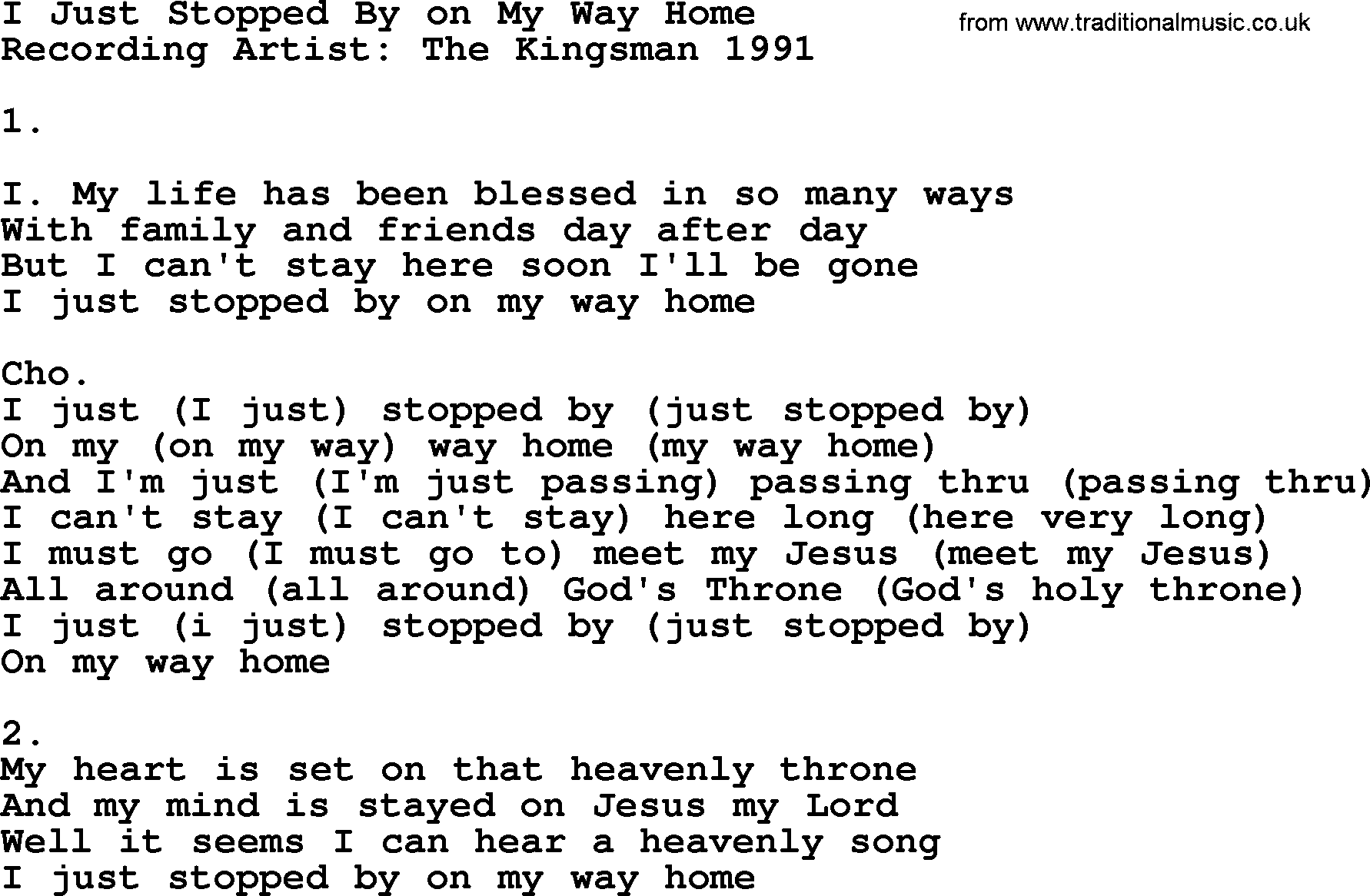 Apostolic & Pentecostal Hymns and Songs, Hymn: I Just Stopped By on My Way Home lyrics and PDF