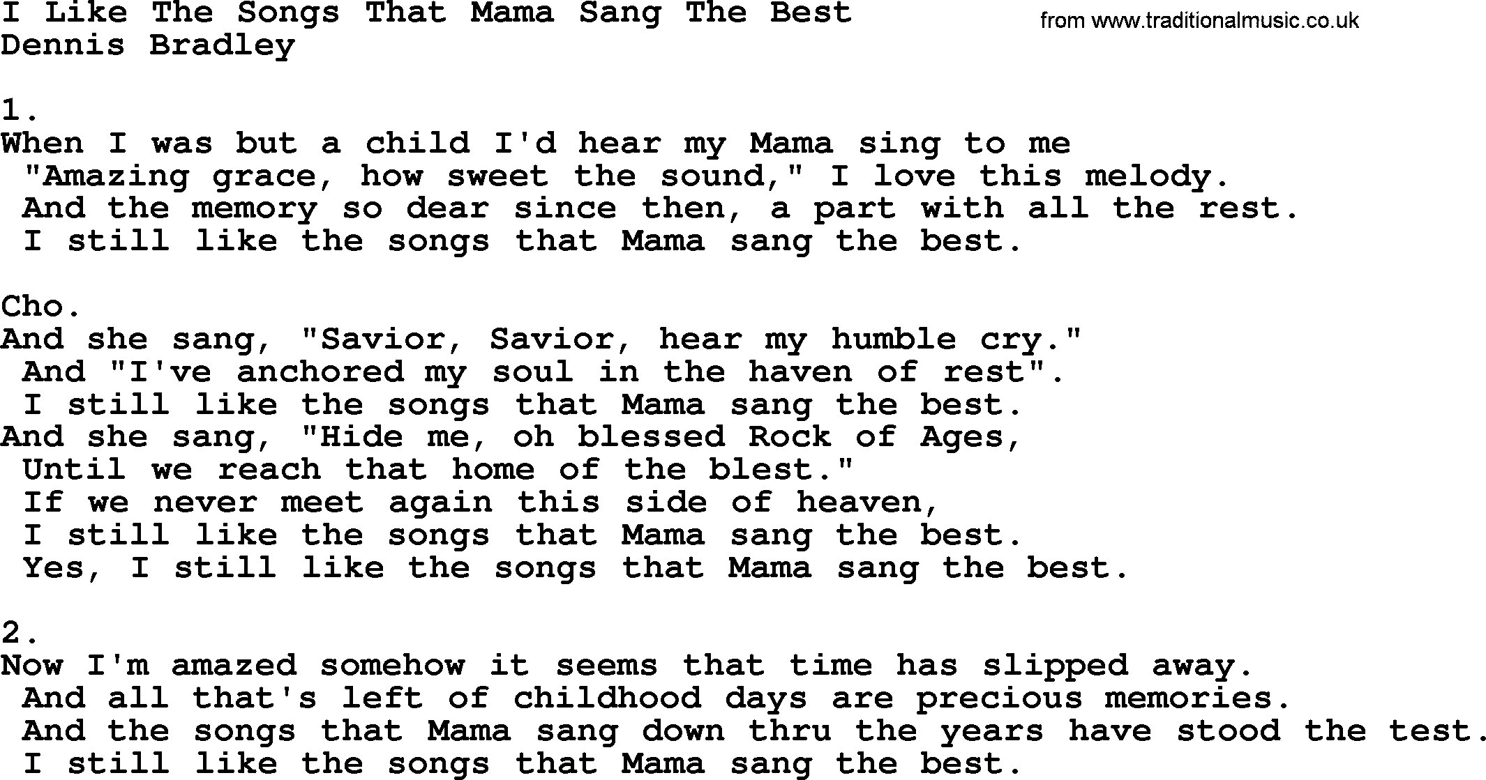Apostolic & Pentecostal Hymns and Songs, Hymn: I Like The Songs That Mama Sang The Best lyrics and PDF
