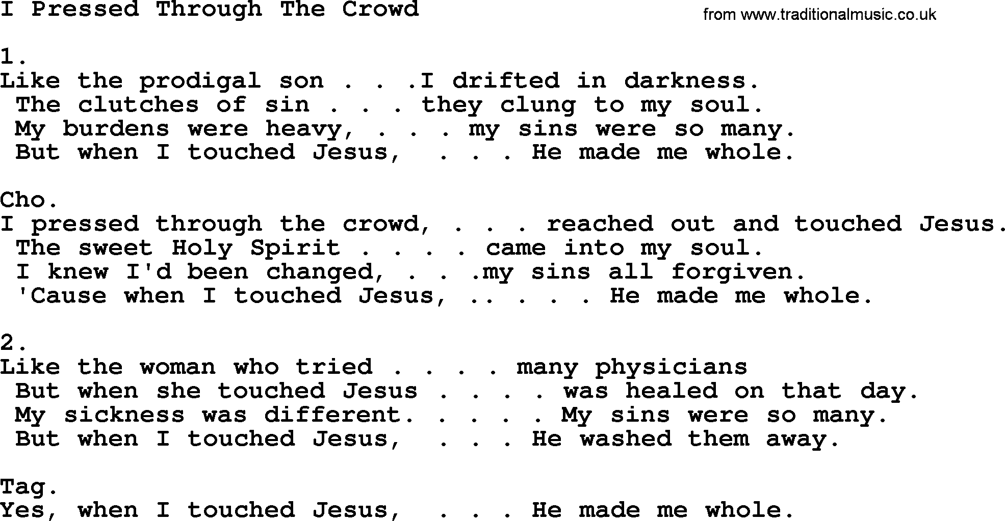 Apostolic & Pentecostal Hymns and Songs, Hymn: I Pressed Through The Crowd lyrics and PDF