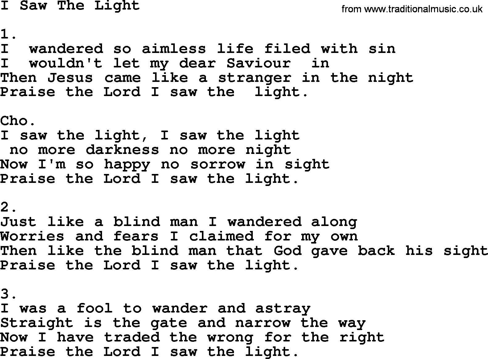 Apostolic & Pentecostal Hymns and Songs, Hymn: I Saw The Light lyrics and PDF