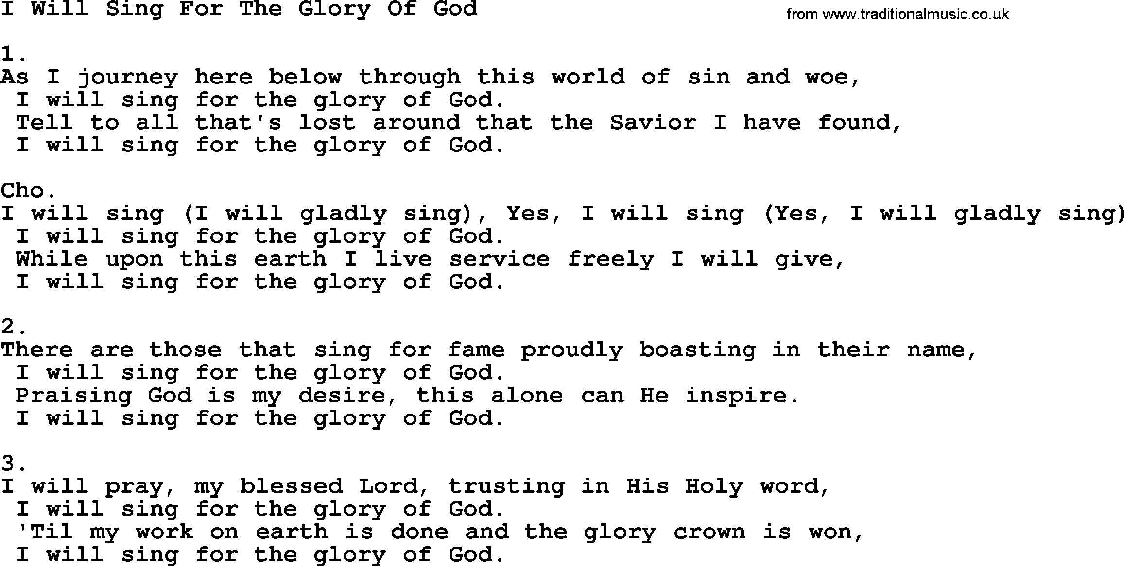 Apostolic & Pentecostal Hymns and Songs, Hymn: I Will Sing For The Glory Of God lyrics and PDF