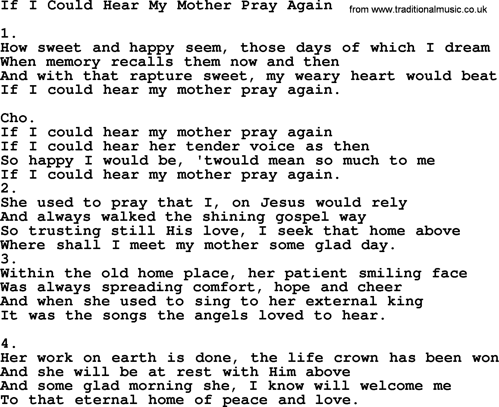 Apostolic & Pentecostal Hymns and Songs, Hymn: If I Could Hear My Mother Pray Again lyrics and PDF