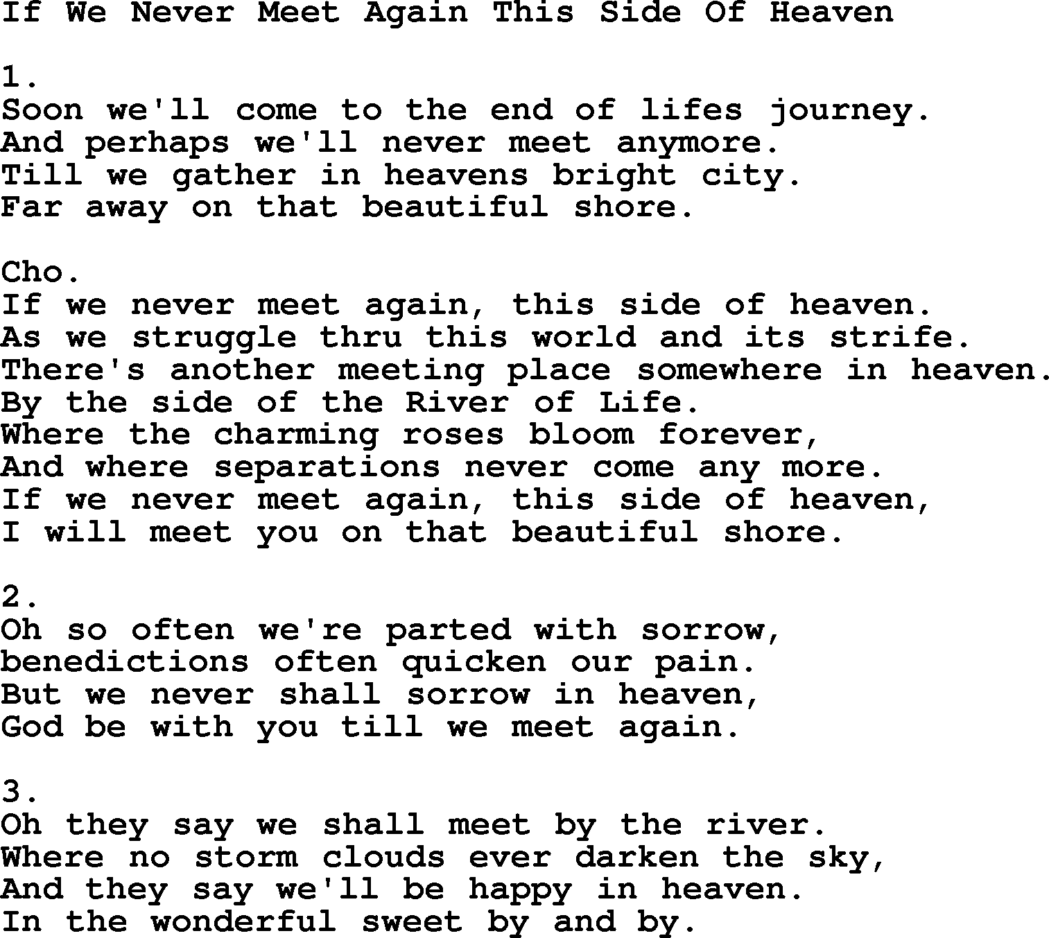Apostolic & Pentecostal Hymns and Songs, Hymn: If We Never Meet Again This Side Of Heaven lyrics and PDF