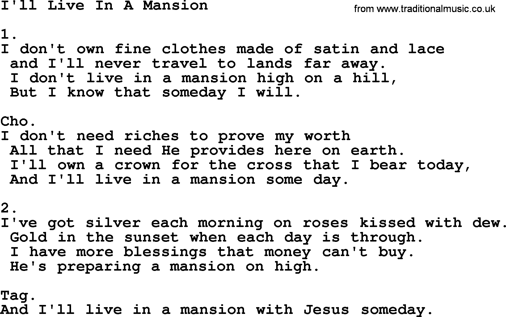 Apostolic & Pentecostal Hymns and Songs, Hymn: I'll Live In A Mansion lyrics and PDF