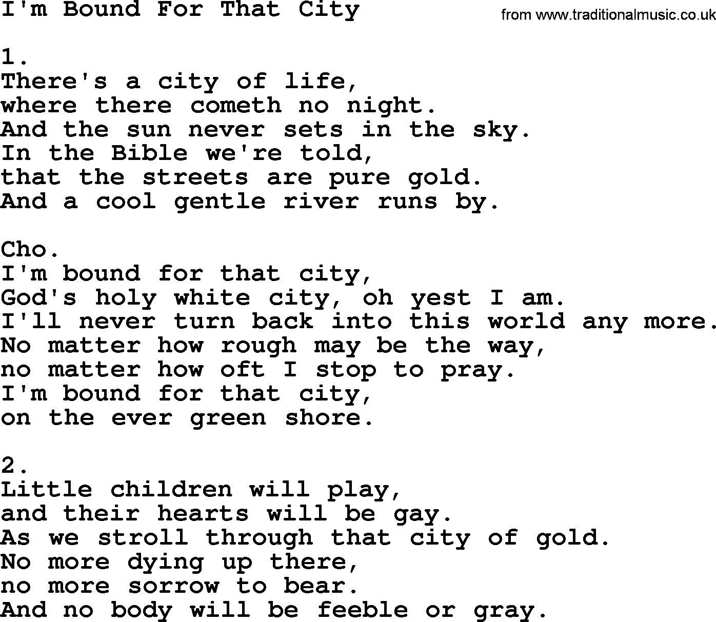 Apostolic & Pentecostal Hymns and Songs, Hymn: I'm Bound For That City lyrics and PDF