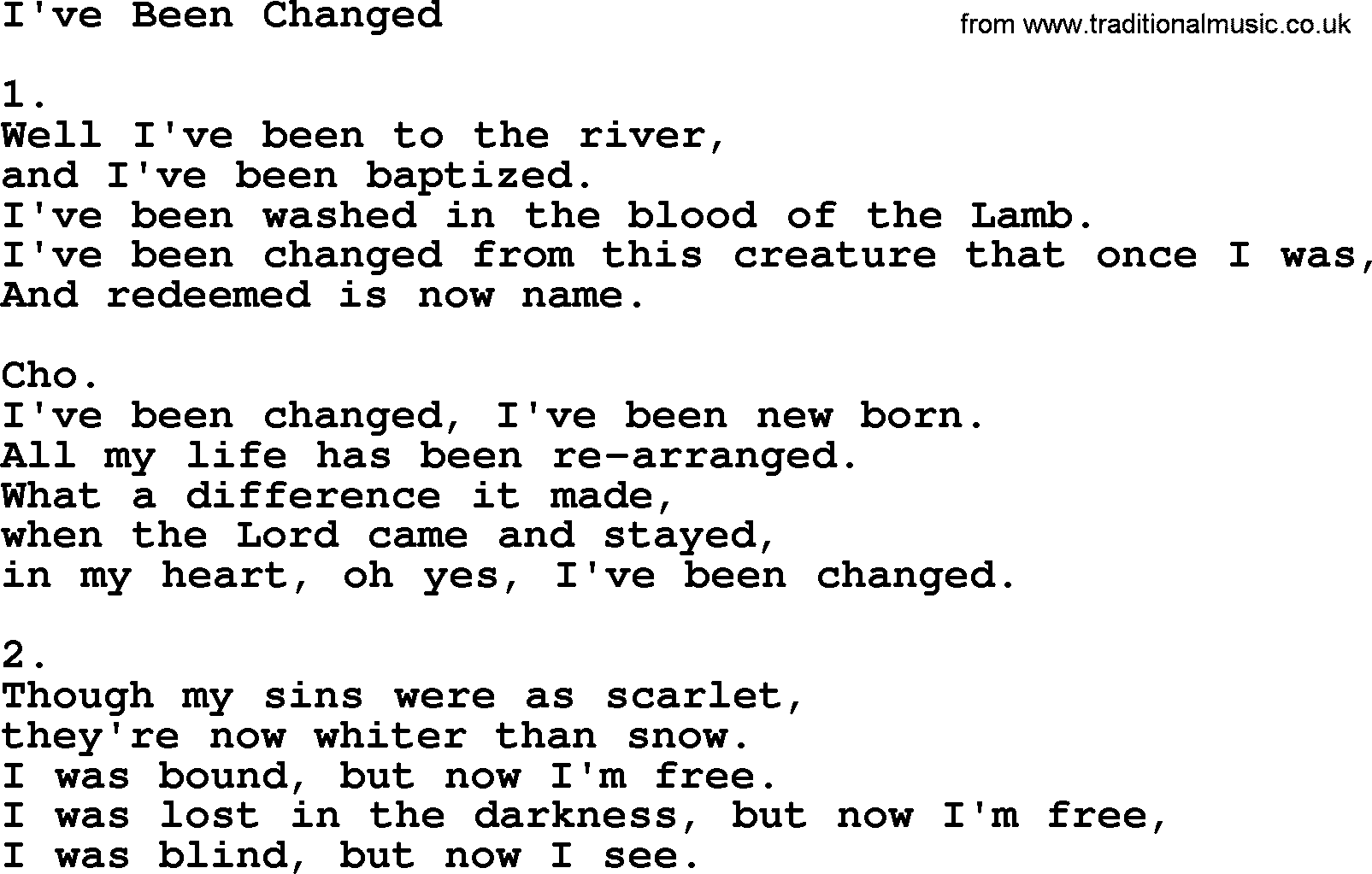 Apostolic & Pentecostal Hymns and Songs, Hymn: I've Been Changed lyrics and PDF
