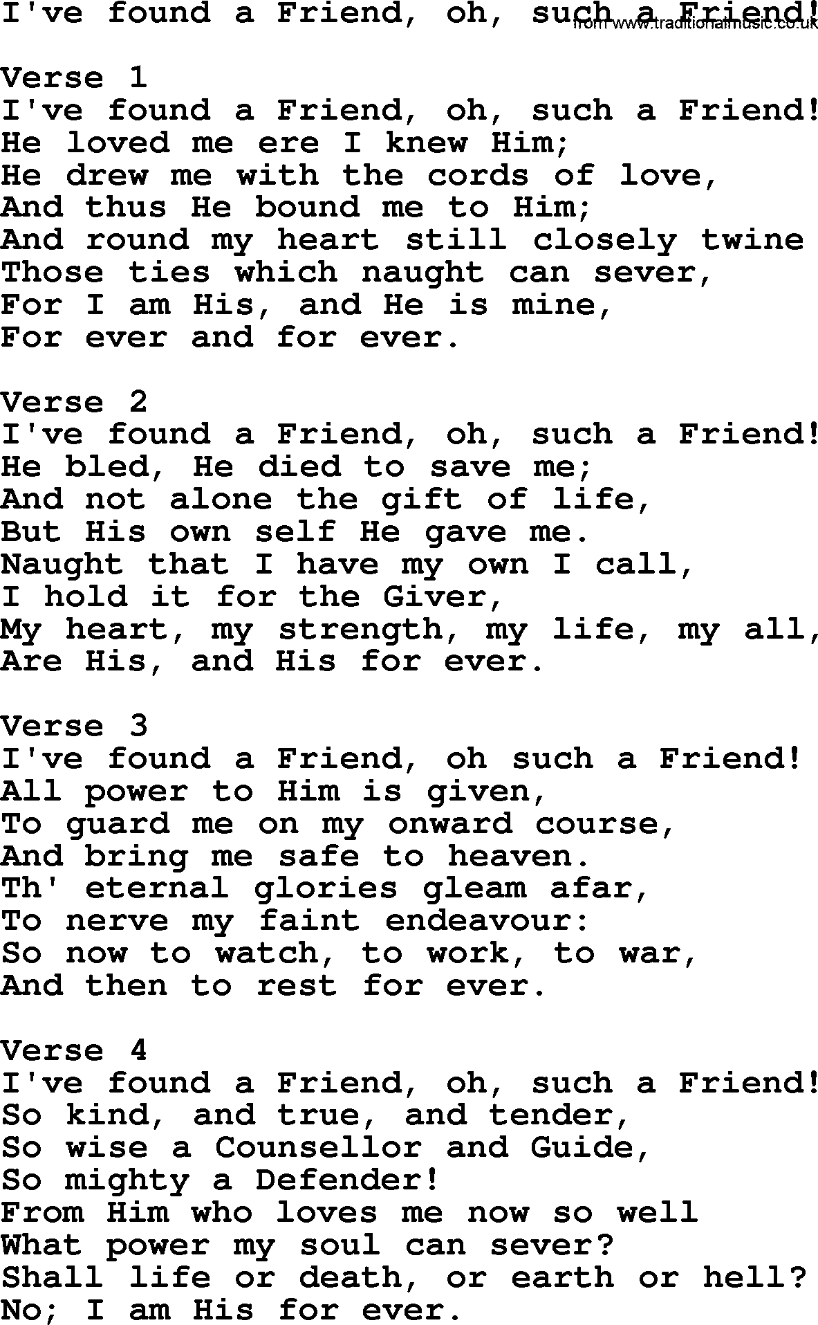 Apostolic and Pentecostal Hymns and Gospel Songs, Hymn: I've Found A Friend, Oh, Such A Friend!, Christian lyrics and PDF