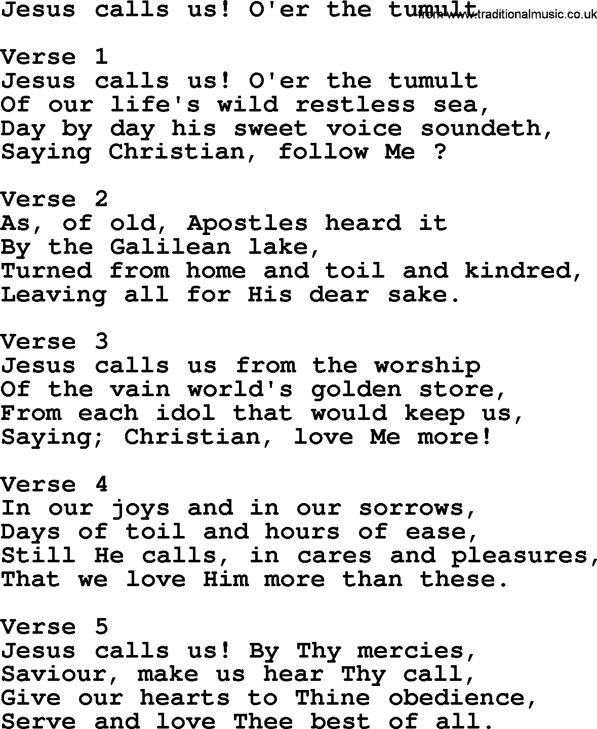 Apostolic and Pentecostal Hymns and Gospel Songs, Hymn: Jesus Calls Us! O'er The Tumult, Christian lyrics and PDF