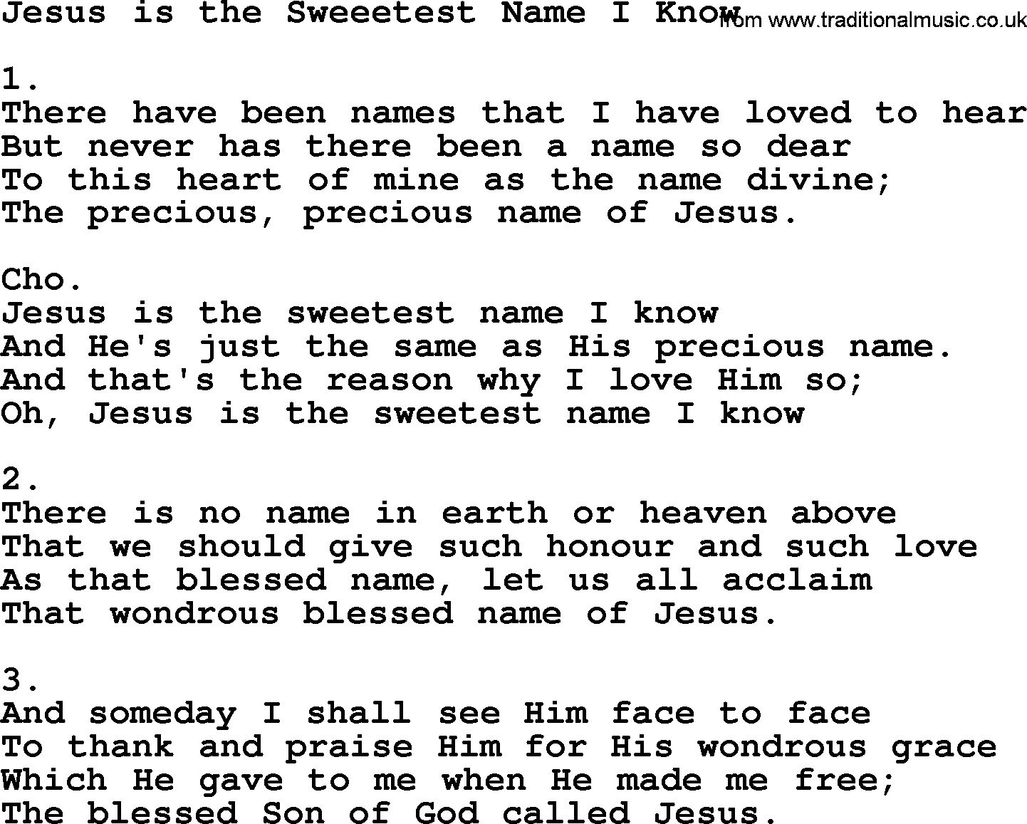 Apostolic & Pentecostal Hymns and Songs, Hymn: Jesus is the Sweeetest Name I Know lyrics and PDF
