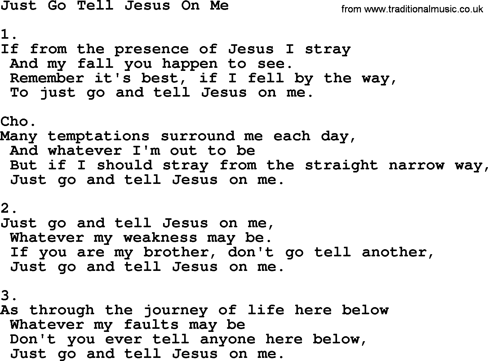 Apostolic & Pentecostal Hymns and Songs, Hymn: Just Go Tell Jesus On Me lyrics and PDF