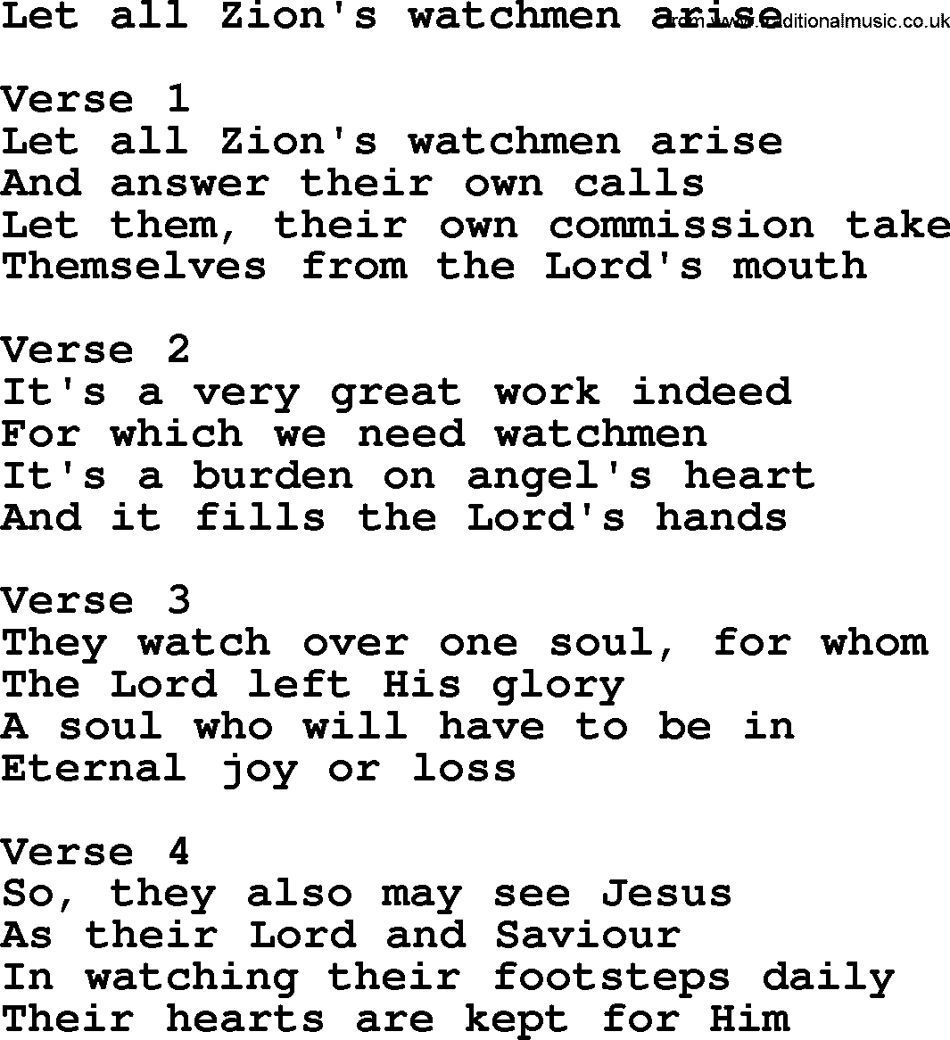 Apostolic and Pentecostal Hymns and Gospel Songs, Hymn: Let All Zion's Watchmen Arise, Christian lyrics and PDF