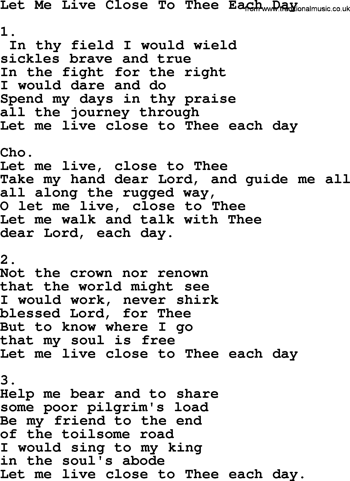 Apostolic & Pentecostal Hymns and Songs, Hymn: Let Me Live Close To Thee Each Day lyrics and PDF
