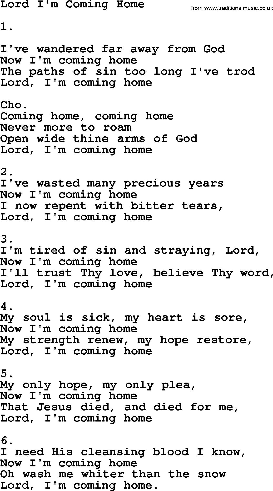 Apostolic & Pentecostal Hymns and Songs, Hymn: Lord I'm Coming Home lyrics and PDF