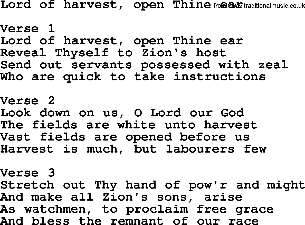 Apostolic and Pentecostal Hymns and Gospel Songs, Hymn: Lord Of Harvest, Open Thine Ear, Christian lyrics and PDF