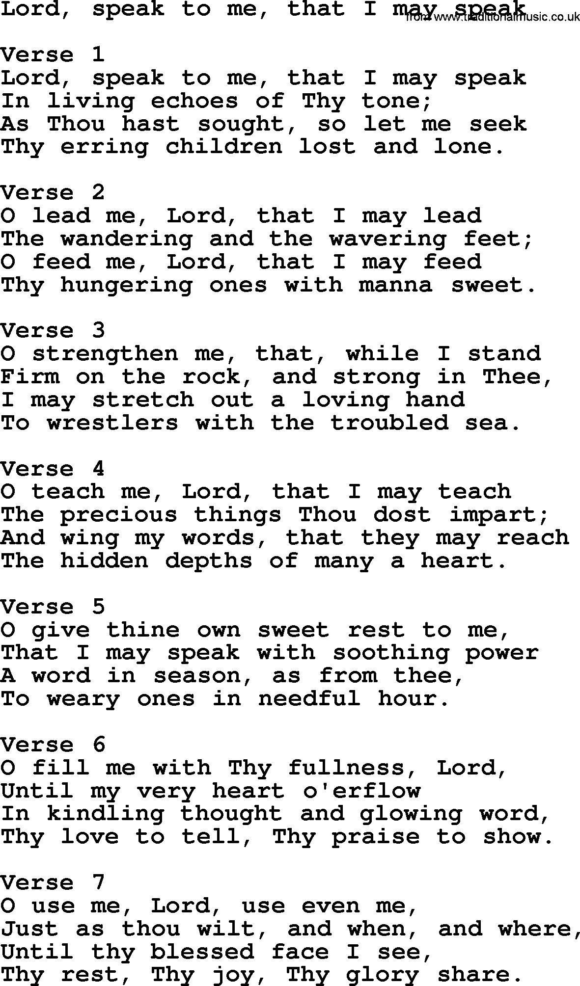 Apostolic and Pentecostal Hymns and Gospel Songs, Hymn: Lord, Speak To Me, That I May Speak, Christian lyrics and PDF