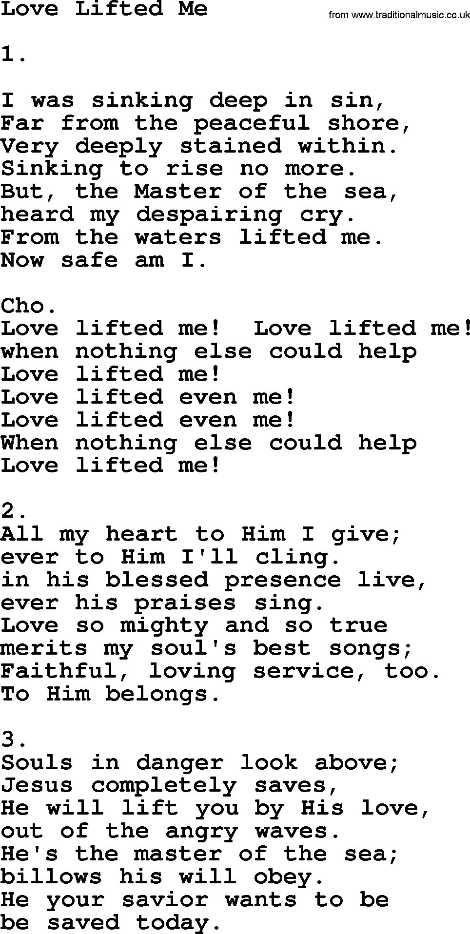 Apostolic & Pentecostal Hymns and Songs, Hymn: Love Lifted Me lyrics and PDF