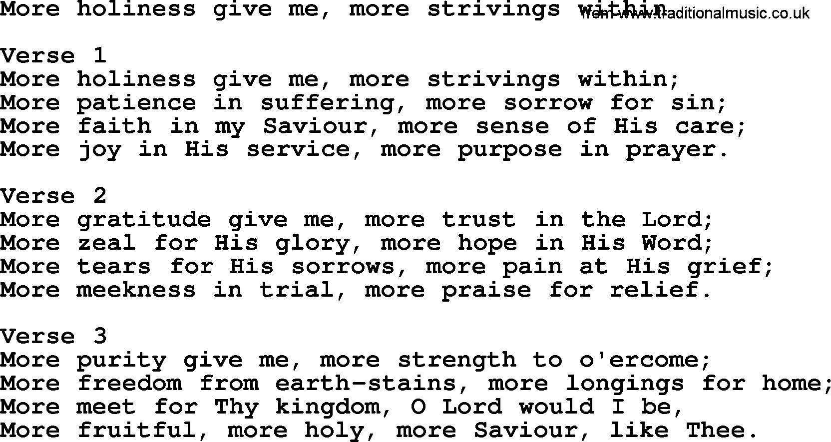Apostolic and Pentecostal Hymns and Gospel Songs, Hymn: More Holiness Give Me, More Strivings Within, Christian lyrics and PDF