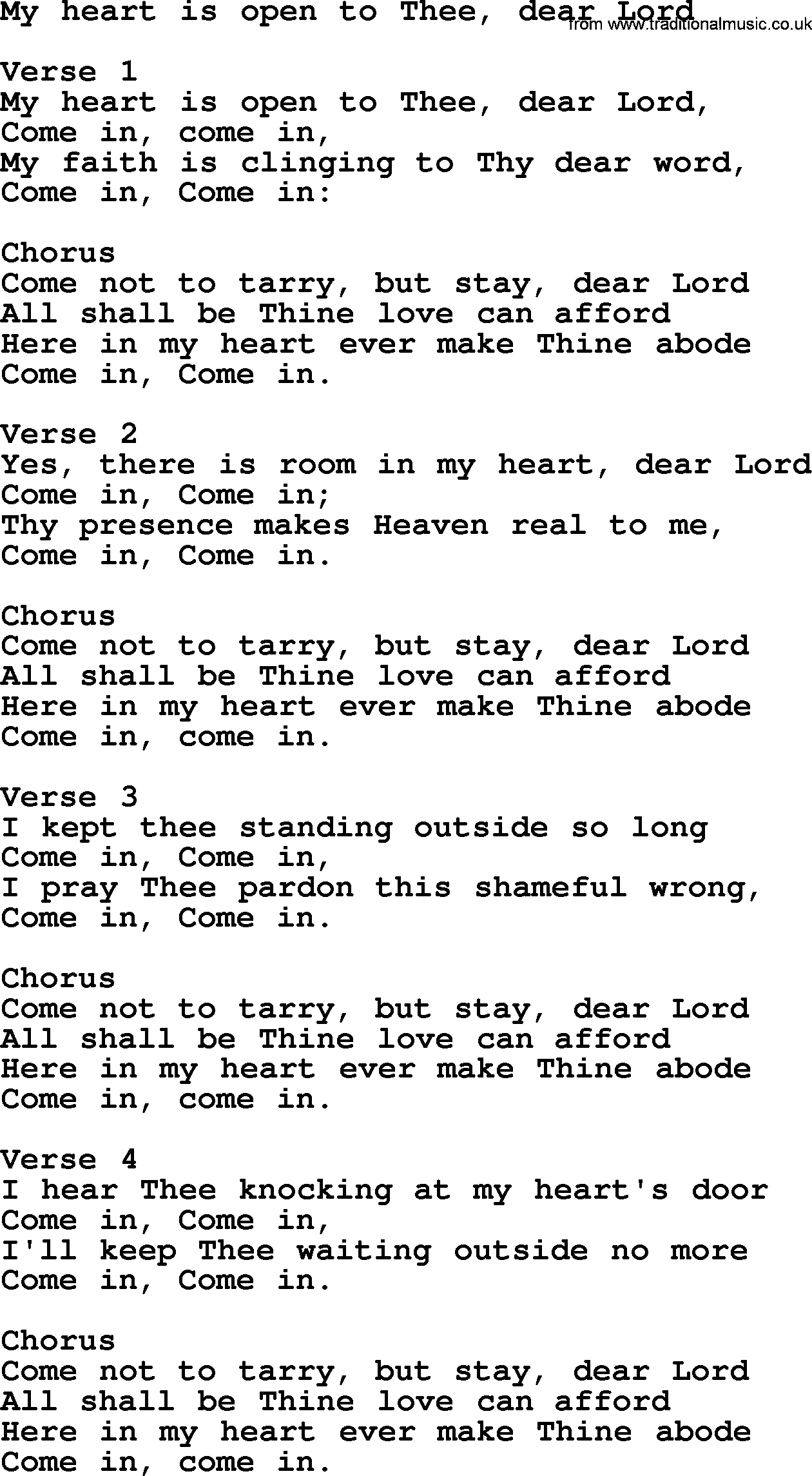 Apostolic and Pentecostal Hymns and Gospel Songs, Hymn: My Heart Is Open To Thee, Dear Lord, Christian lyrics and PDF