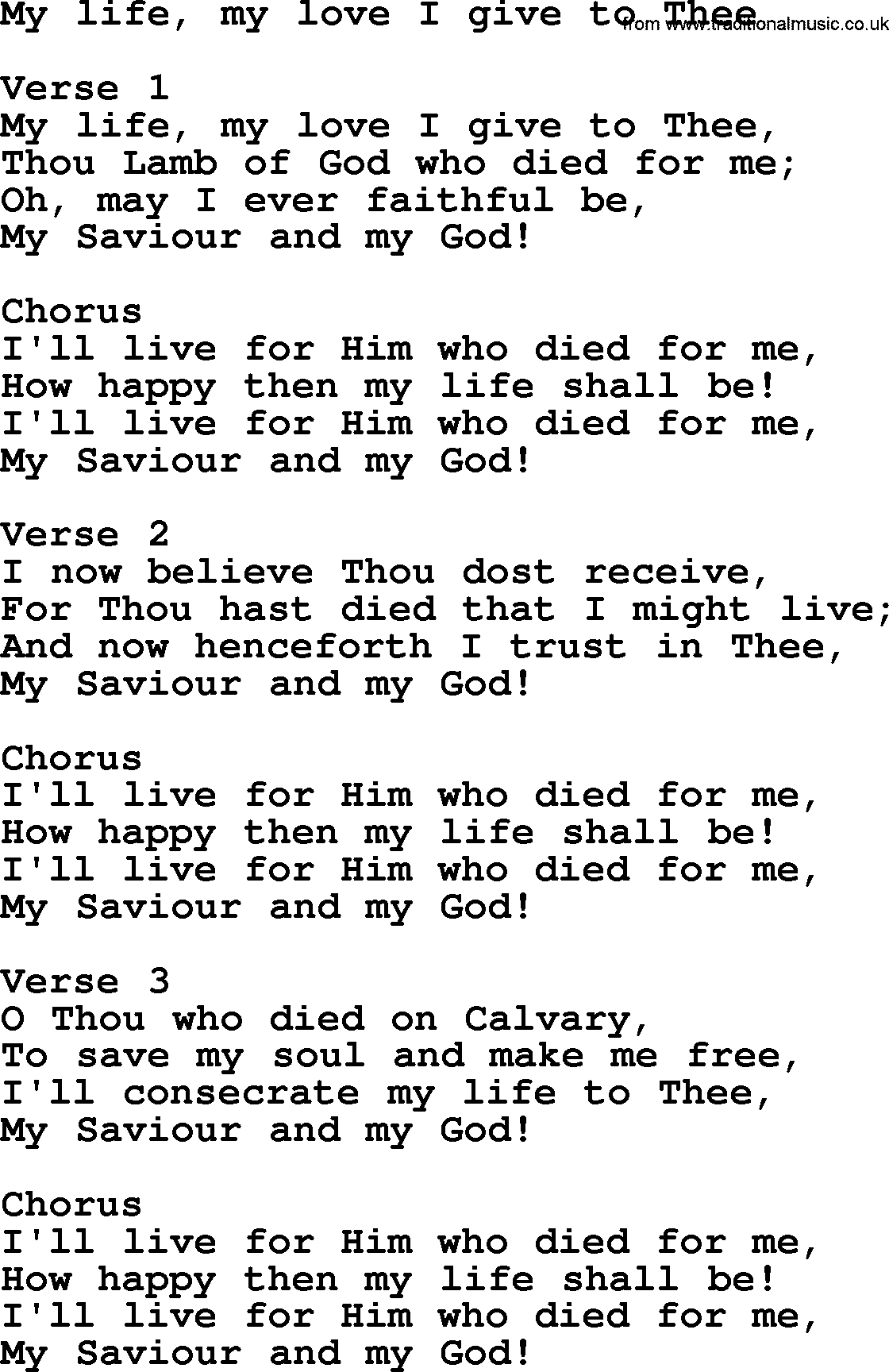 Apostolic and Pentecostal Hymns and Gospel Songs, Hymn: My Life, My Love I Give To Thee, Christian lyrics and PDF