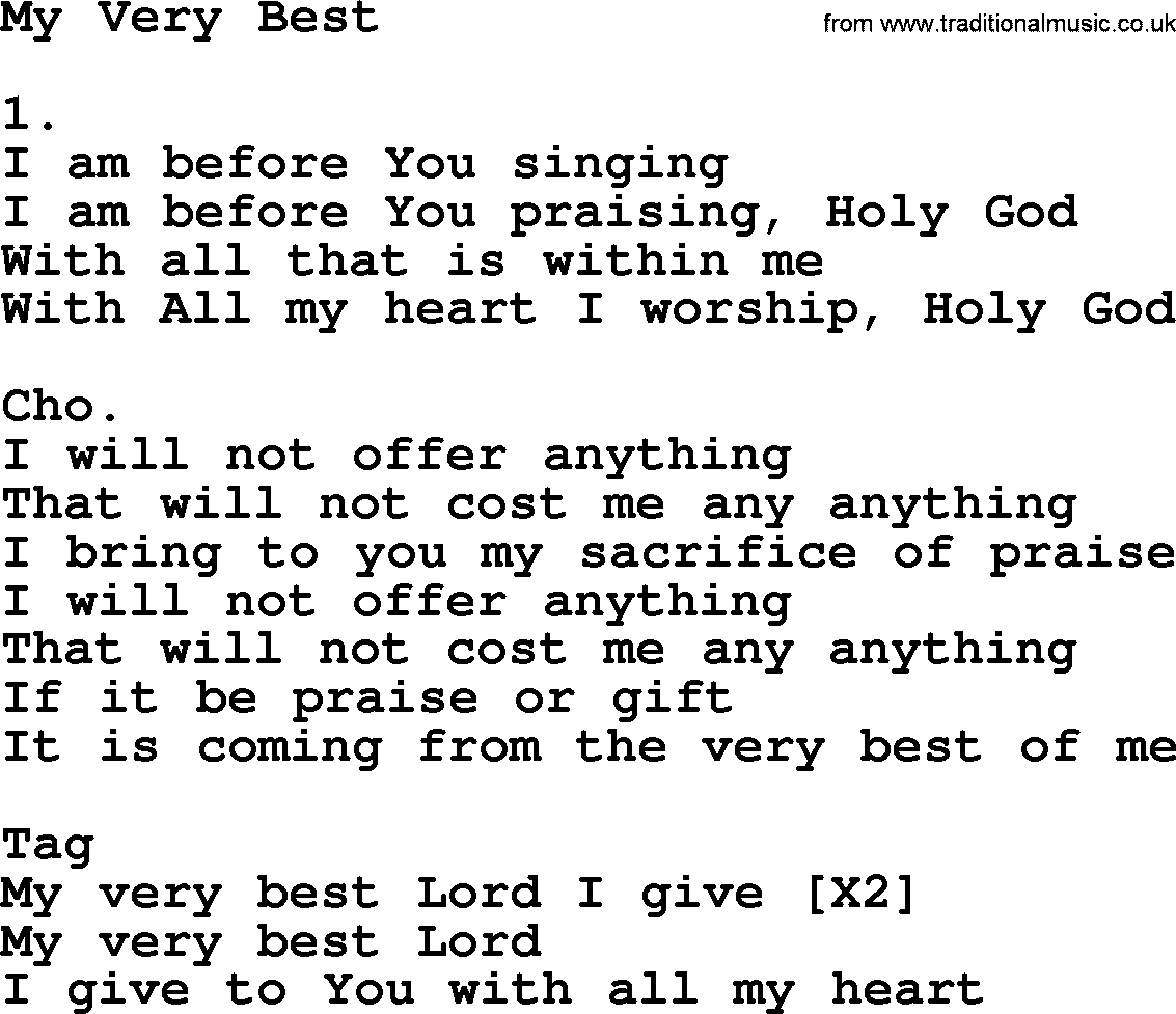 Apostolic & Pentecostal Hymns and Songs, Hymn: My Very Best lyrics and PDF