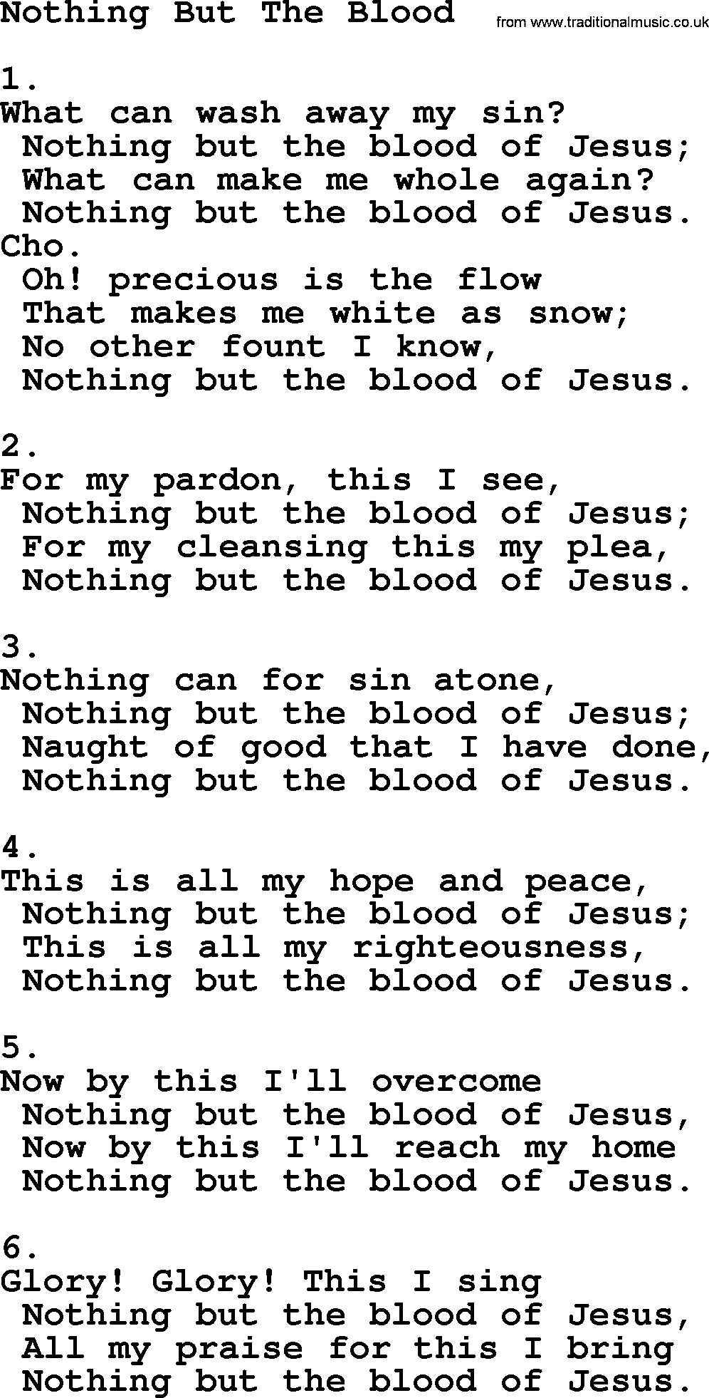 Apostolic & Pentecostal Hymns and Songs, Hymn: Nothing But The Blood lyrics and PDF
