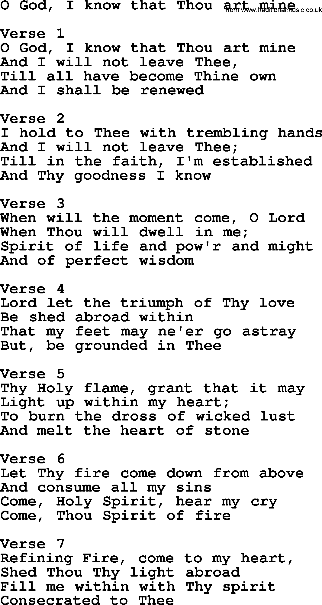 Apostolic and Pentecostal Hymns and Gospel Songs, Hymn: O God, I Know That Thou Art Mine, Christian lyrics and PDF