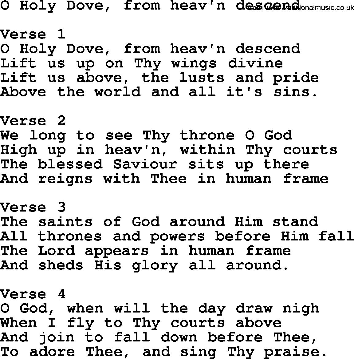 Apostolic and Pentecostal Hymns and Gospel Songs, Hymn: O Holy Dove, From Heav'n Descend, Christian lyrics and PDF